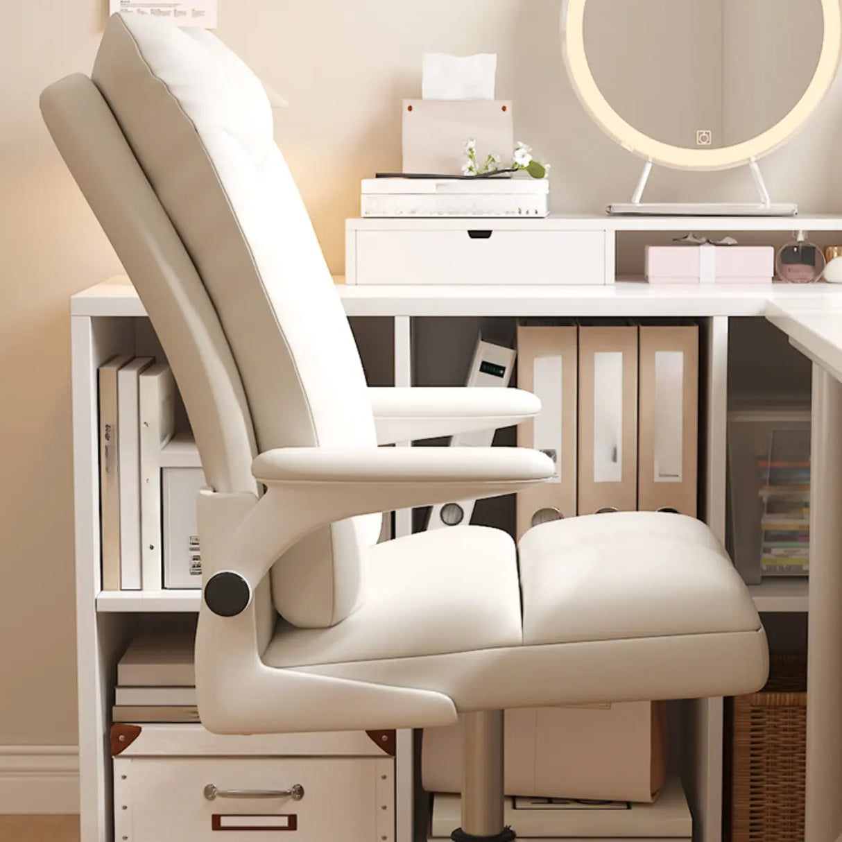 Swivel White Adjustable Ergonomic Leather Office Chair Image - 7