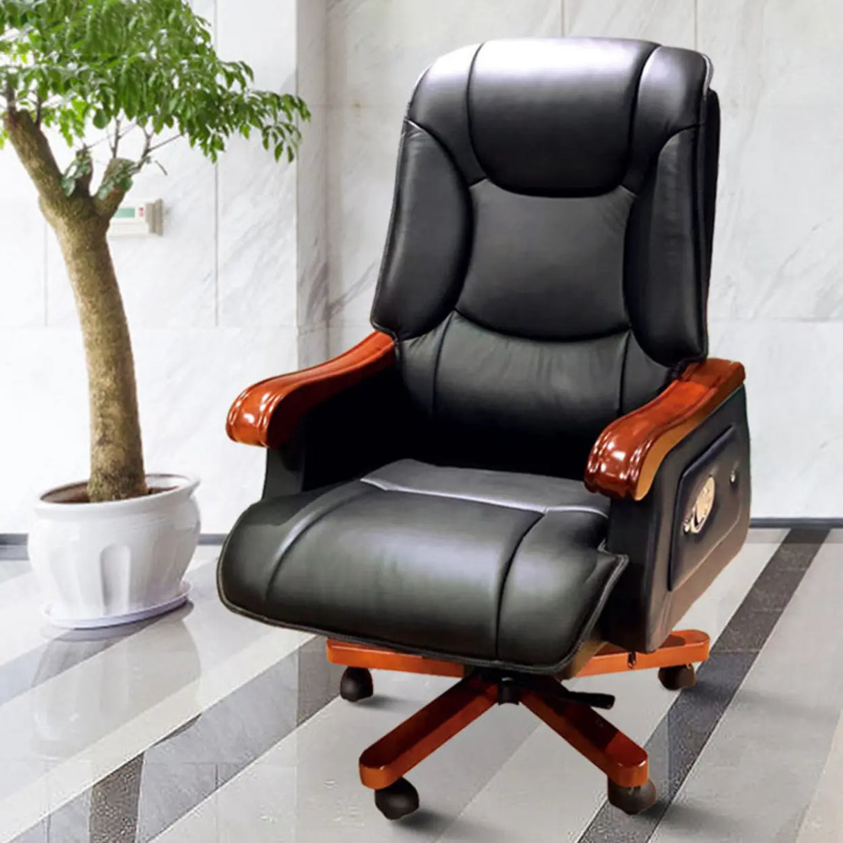 Swivel Wood Frame Ergonomic Leather Office Black Chair Image - 1