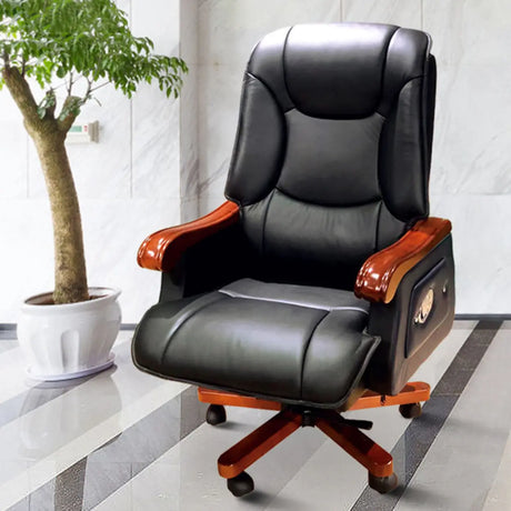 Swivel Wood Frame Ergonomic Leather Office Black Chair Image - 1