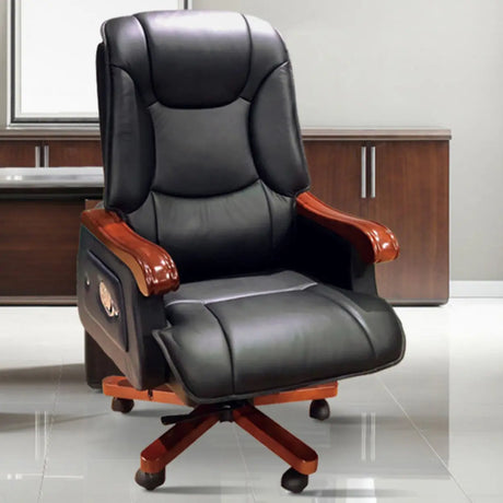 Swivel Wood Frame Ergonomic Leather Office Black Chair Image - 2