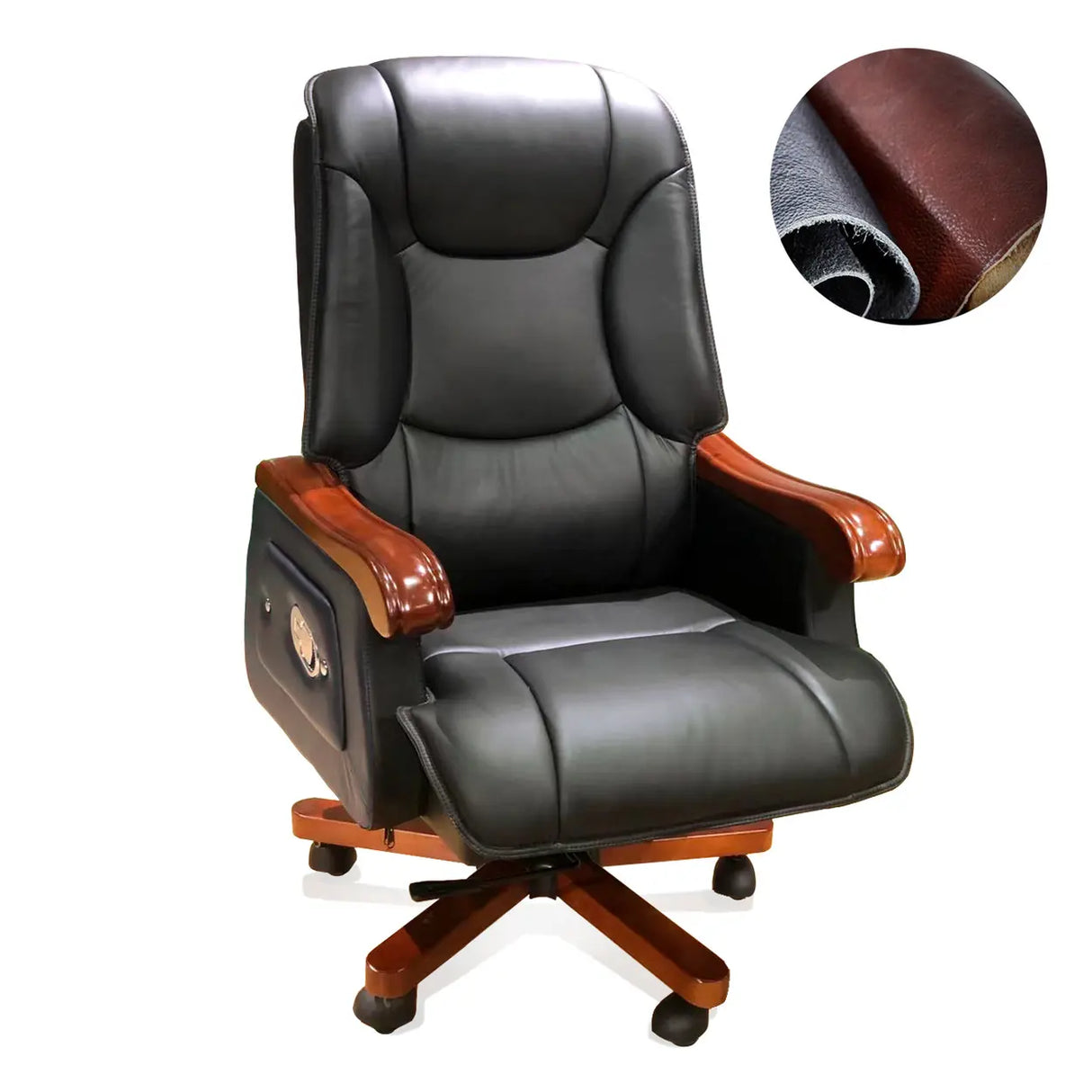 Swivel Wood Frame Ergonomic Leather Office Black Chair Image - 4
