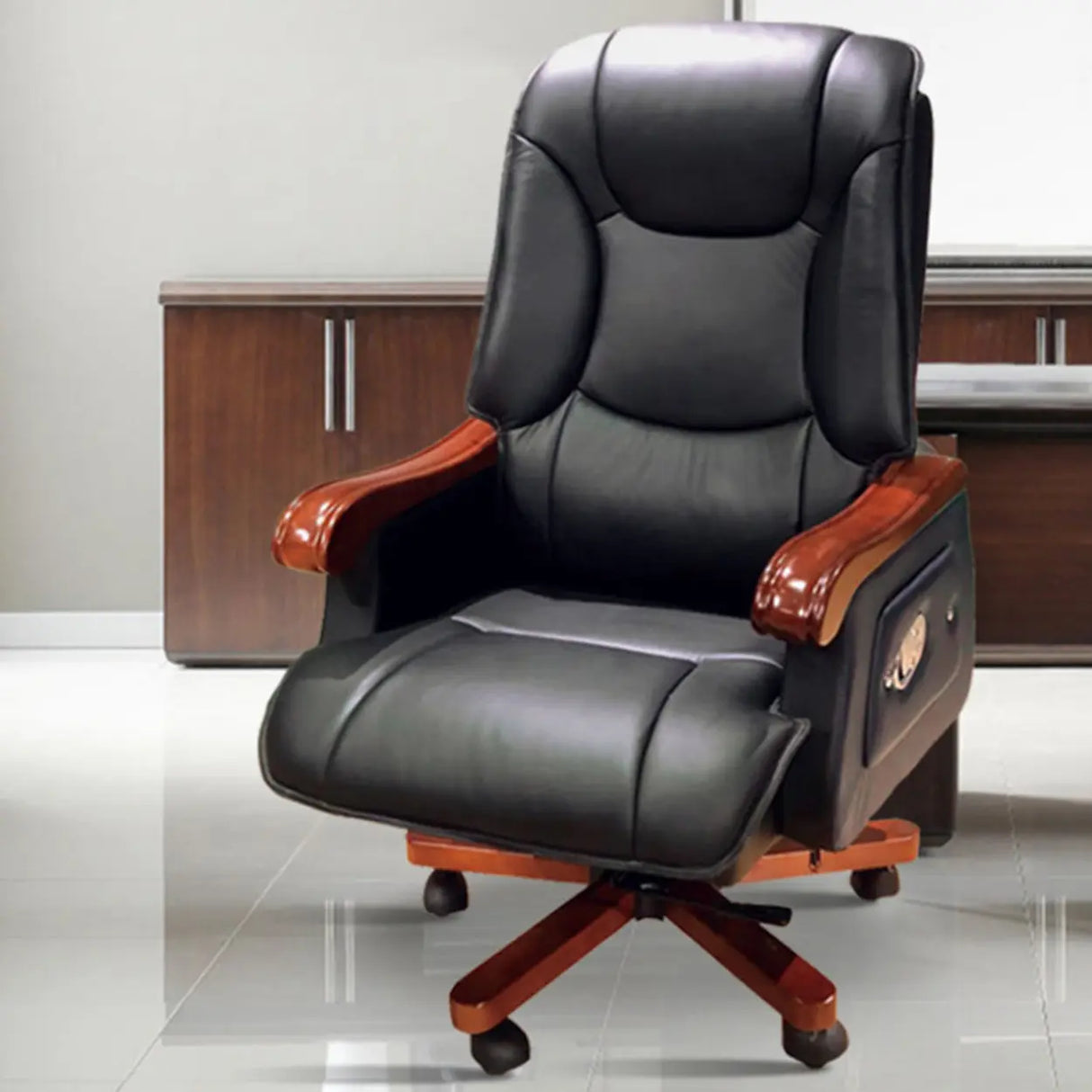 Swivel Wood Frame Ergonomic Leather Office Black Chair Image - 8