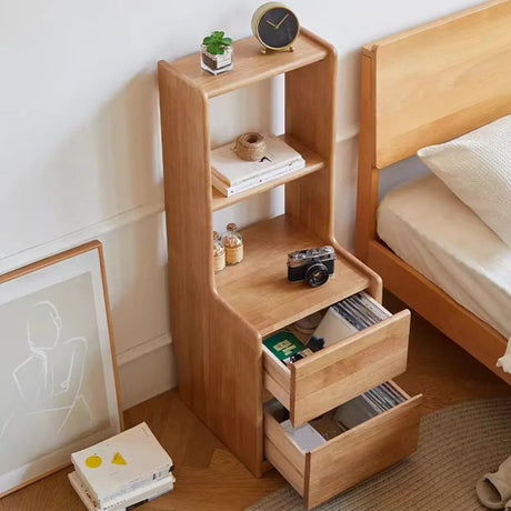 Tall Brown Wood Open Shelf Nightstand with Drawers Image - 1