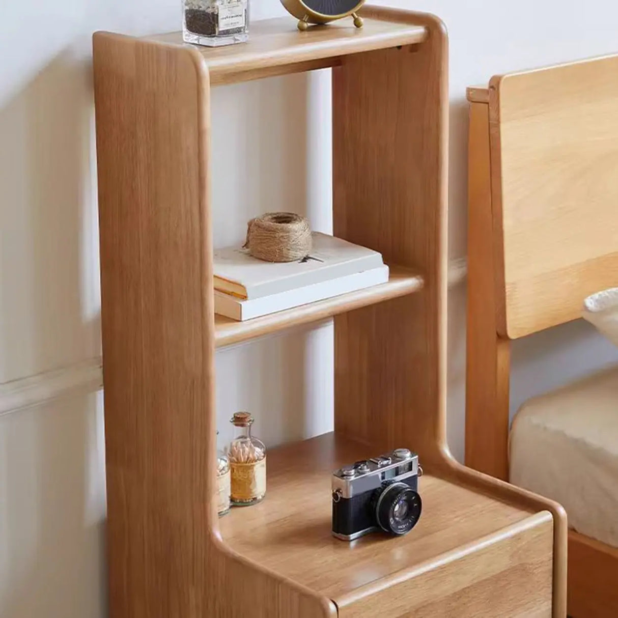 Tall Brown Wood Open Shelf Nightstand with Drawers Image - 10