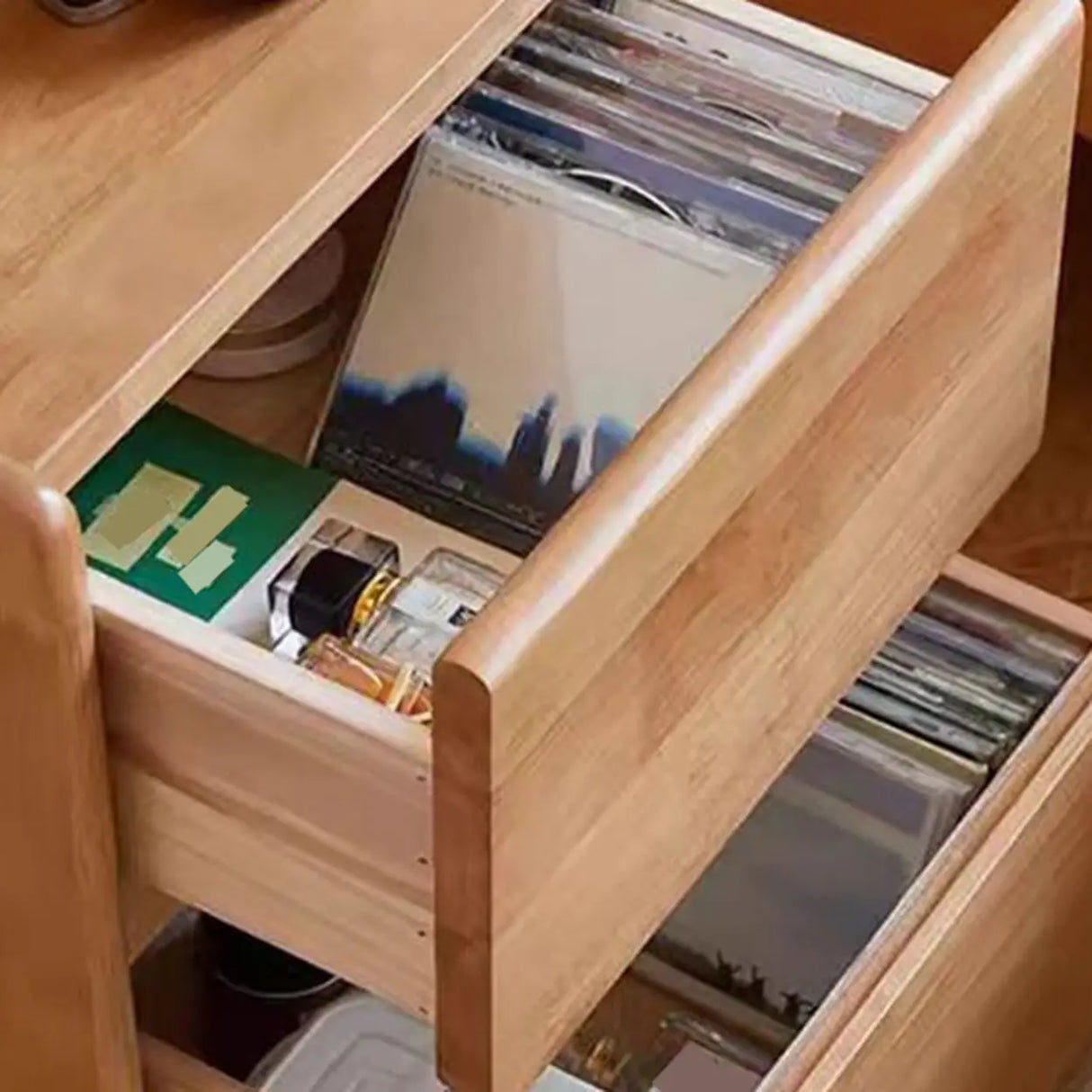 Tall Brown Wood Open Shelf Nightstand with Drawers Image - 11