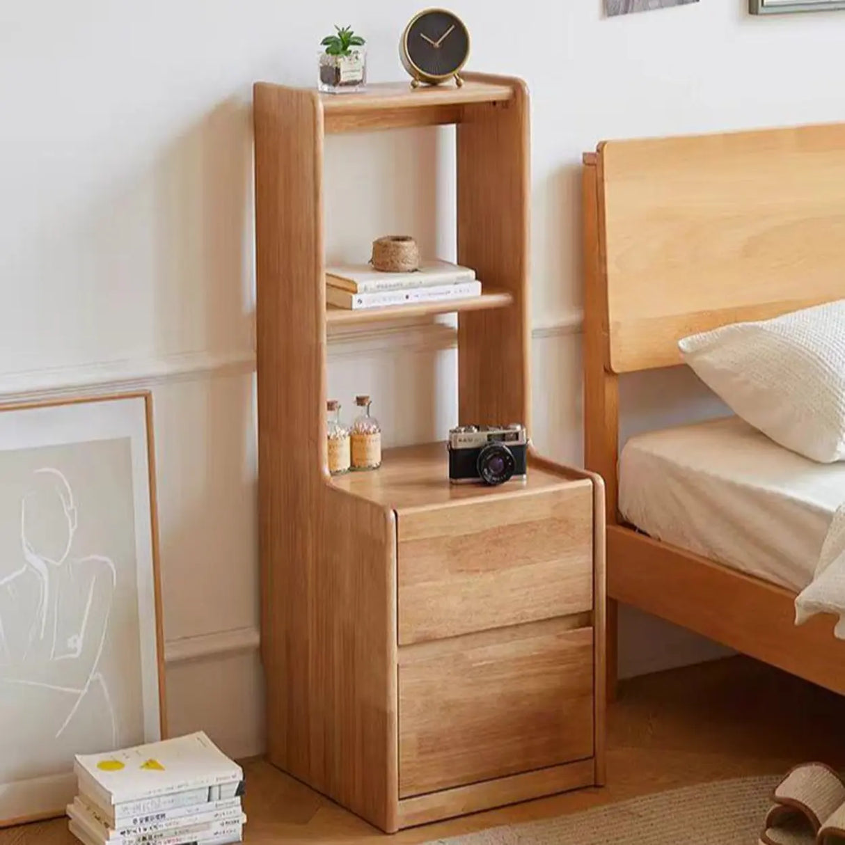 Tall Brown Wood Open Shelf Nightstand with Drawers Image - 12
