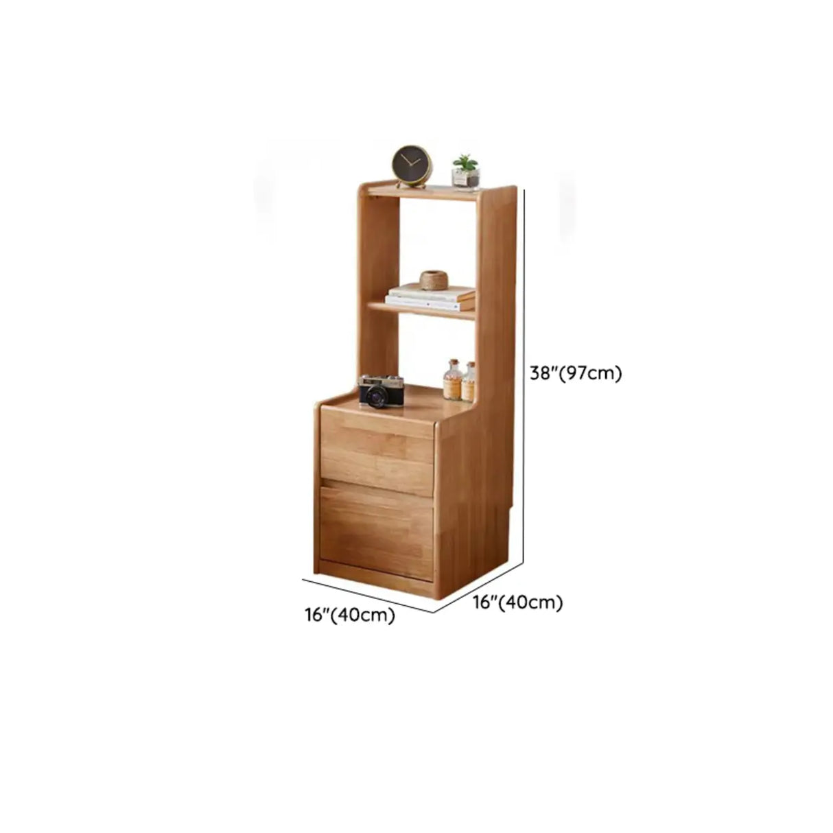Tall Brown Wood Open Shelf Nightstand with Drawers 