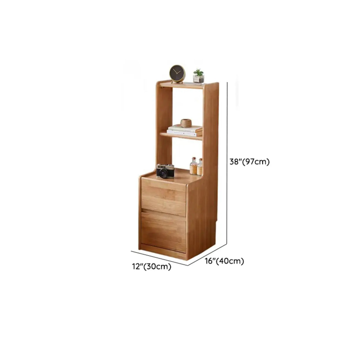 Tall Brown Wood Open Shelf Nightstand with Drawers Image - 14