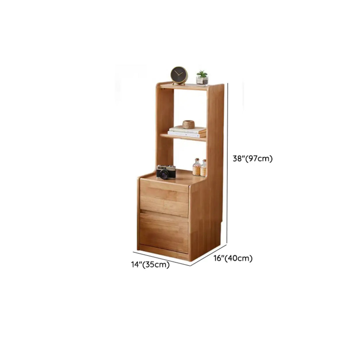 Tall Brown Wood Open Shelf Nightstand with Drawers Image - 15