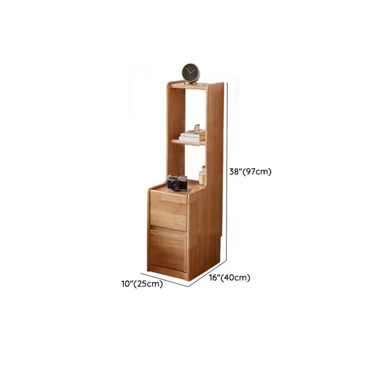 Tall Brown Wood Open Shelf Nightstand with Drawers Image - 16