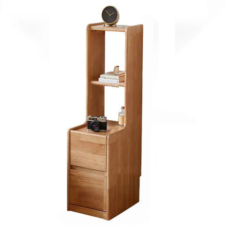 Tall Brown Wood Open Shelf Nightstand with Drawers Image - 2
