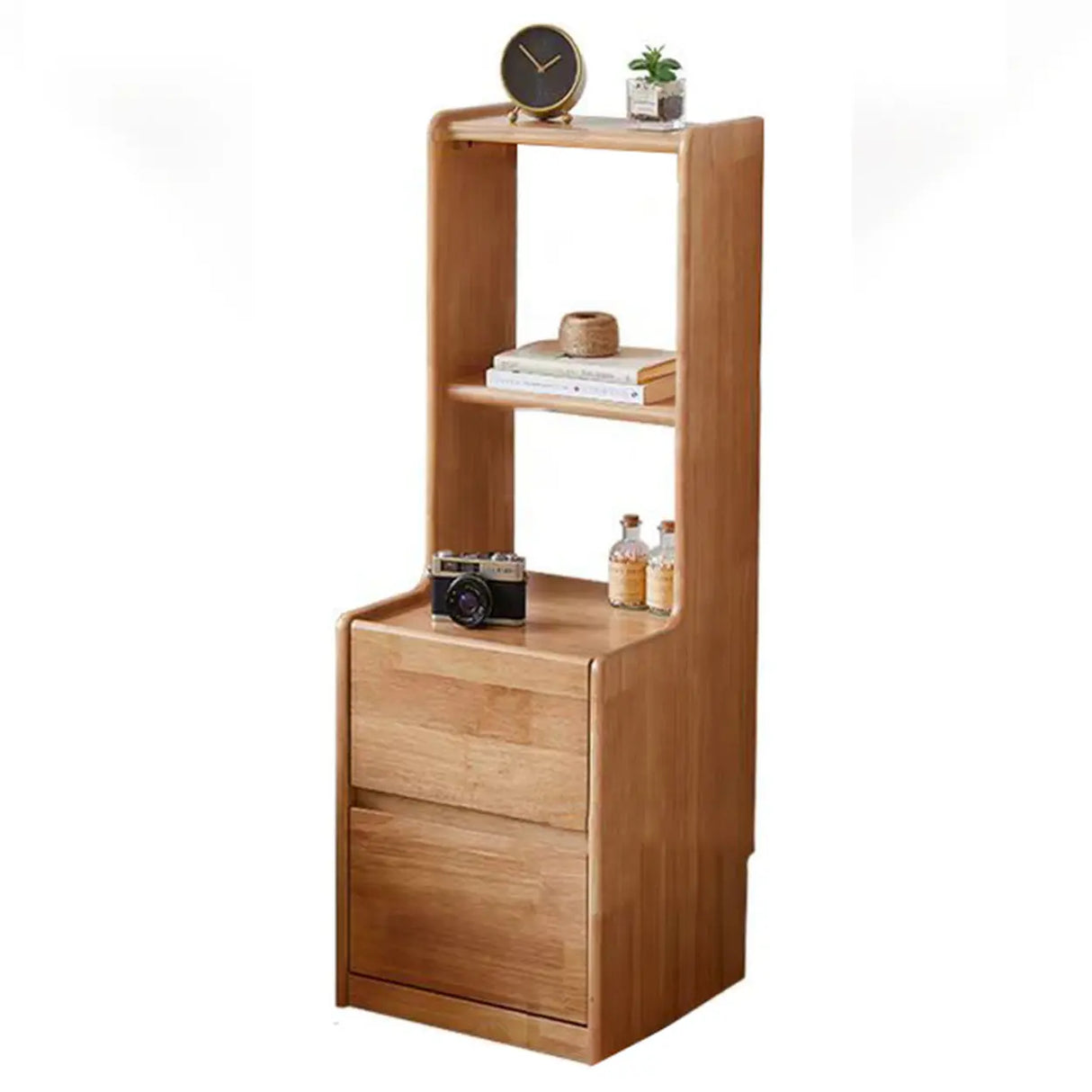 Tall Brown Wood Open Shelf Nightstand with Drawers Image - 3