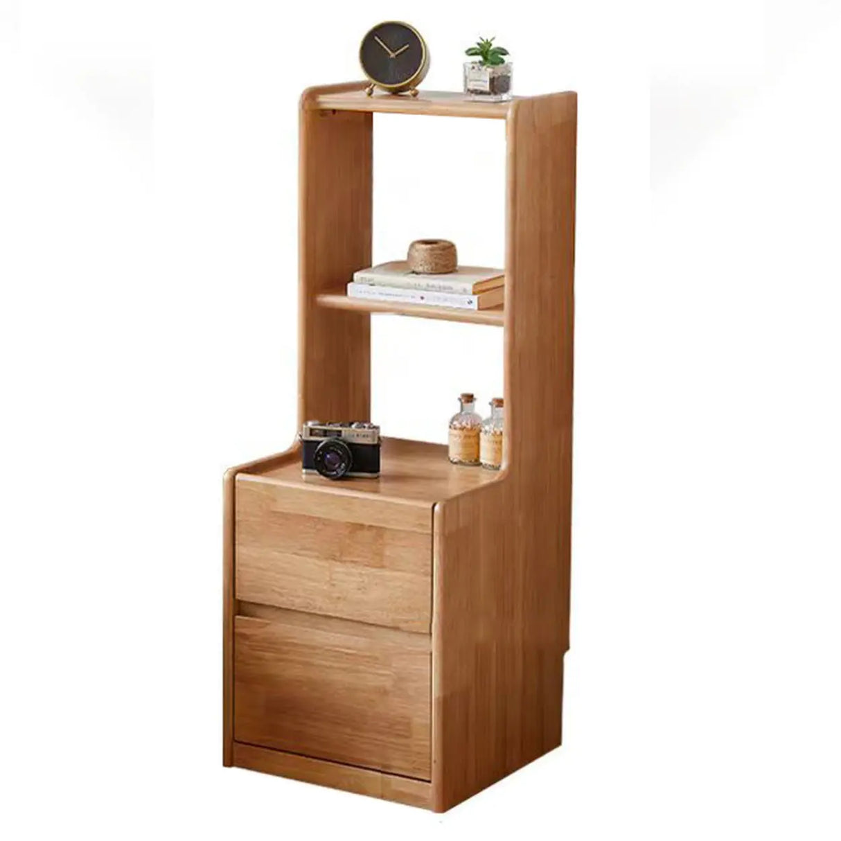 Tall Brown Wood Open Shelf Nightstand with Drawers Image - 5