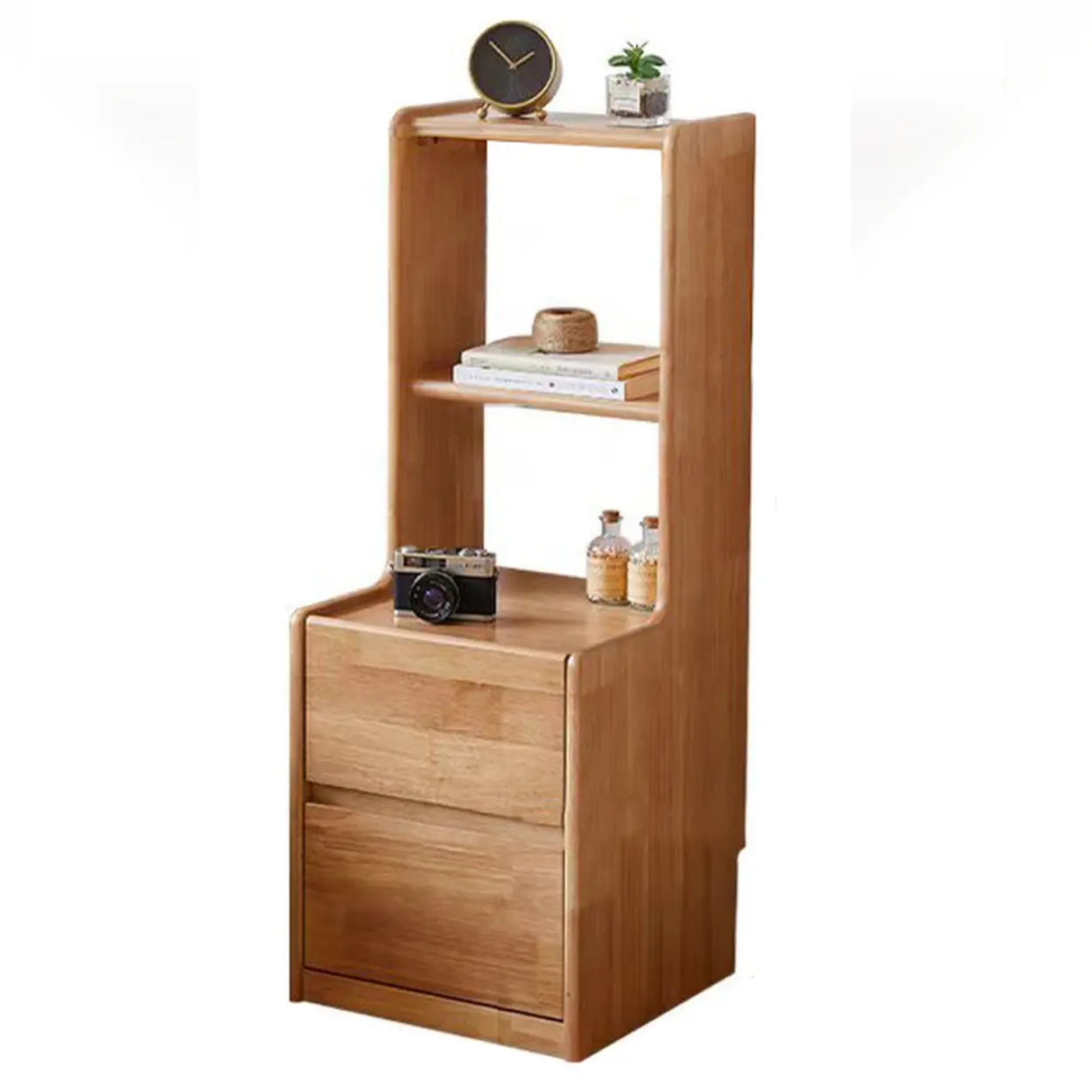 Tall Brown Wood Open Shelf Nightstand with Drawers Image - 7