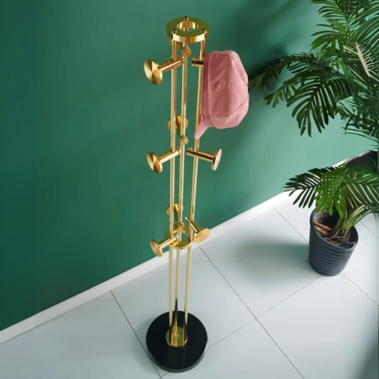Tall Metal Gold-Black Freestanding Hooks Coat Rack Image - 6