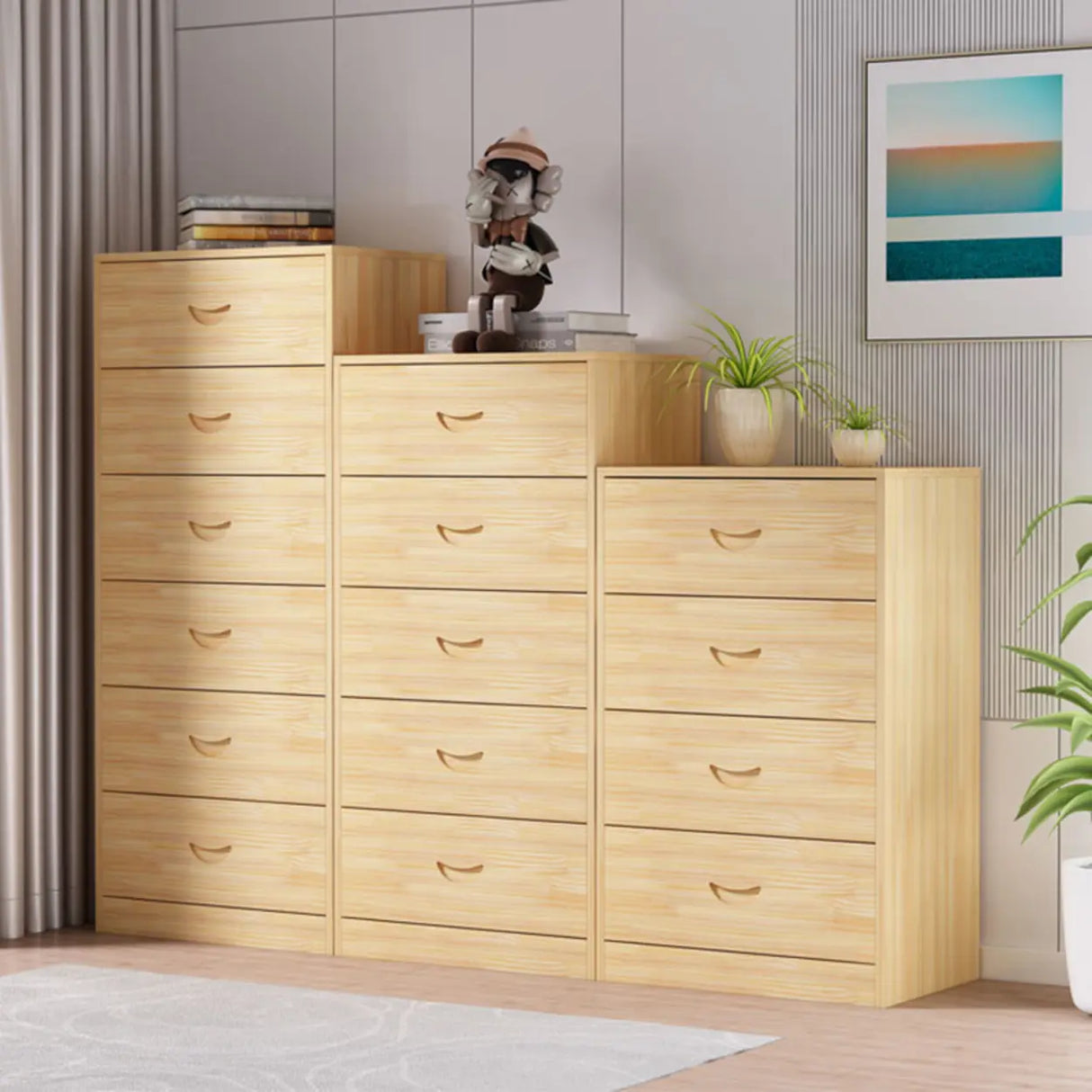 Tall Natural Finish Wood Vertical Five Drawers Chest Image - 7