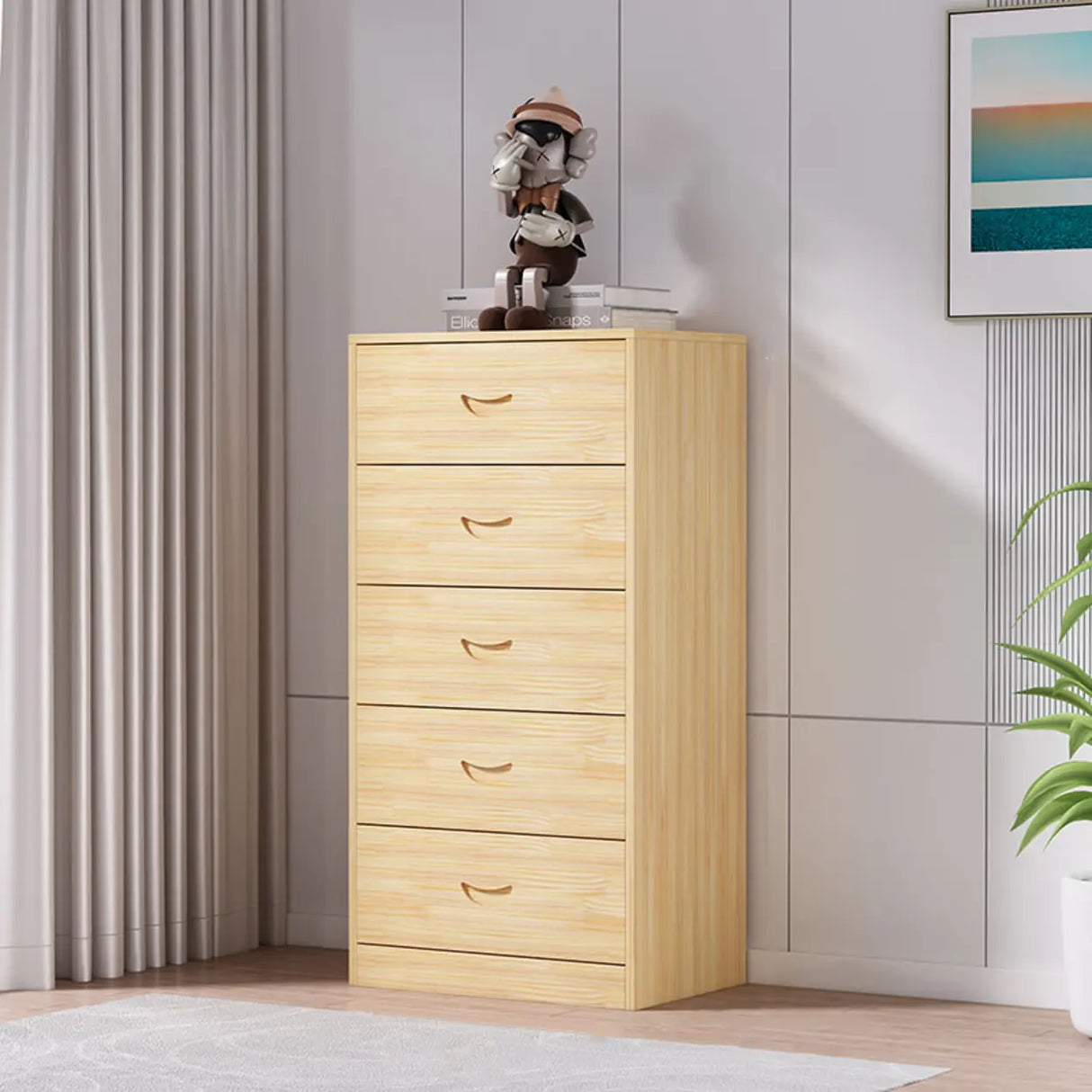 Tall Natural Finish Wood Vertical Five Drawers Chest Image - 8