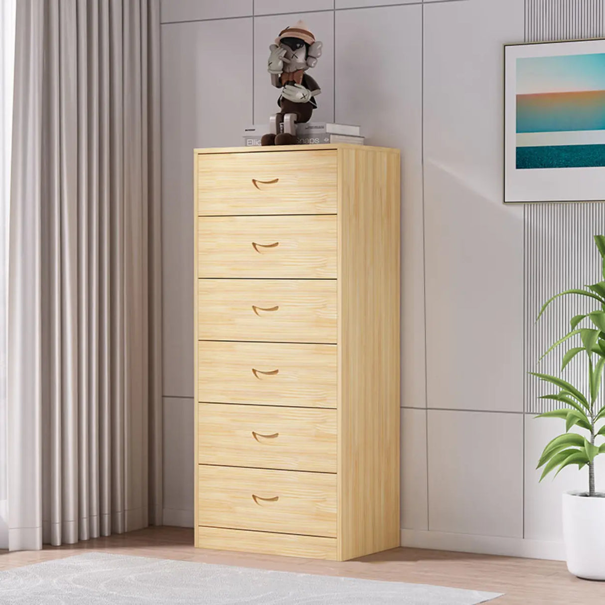 Tall Natural Finish Wood Vertical Five Drawers Chest Image - 9