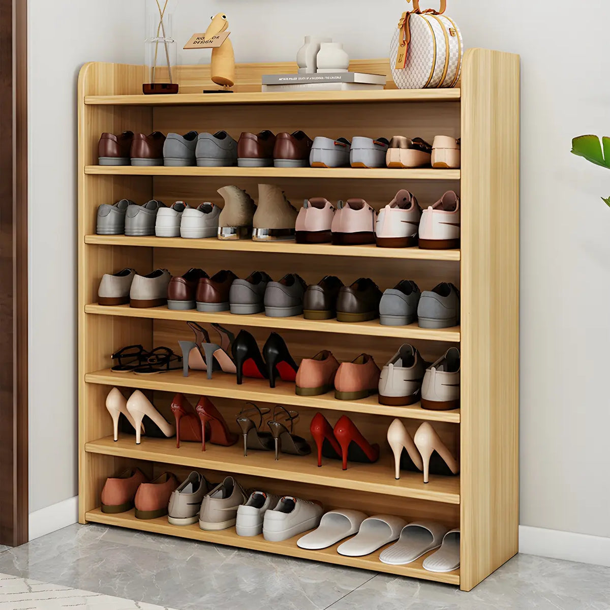 Tall Wood Free Standing Natural Closed Back Large Shoe Rack – Homebaa