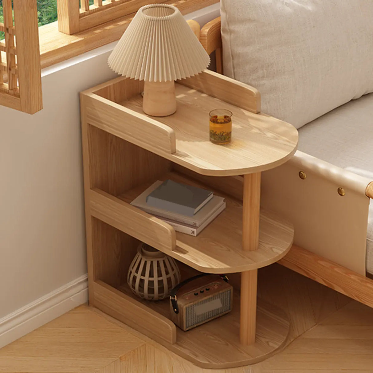 Tall Wood Multi-Layer Shelves Open Storage Nightstand Image - 11