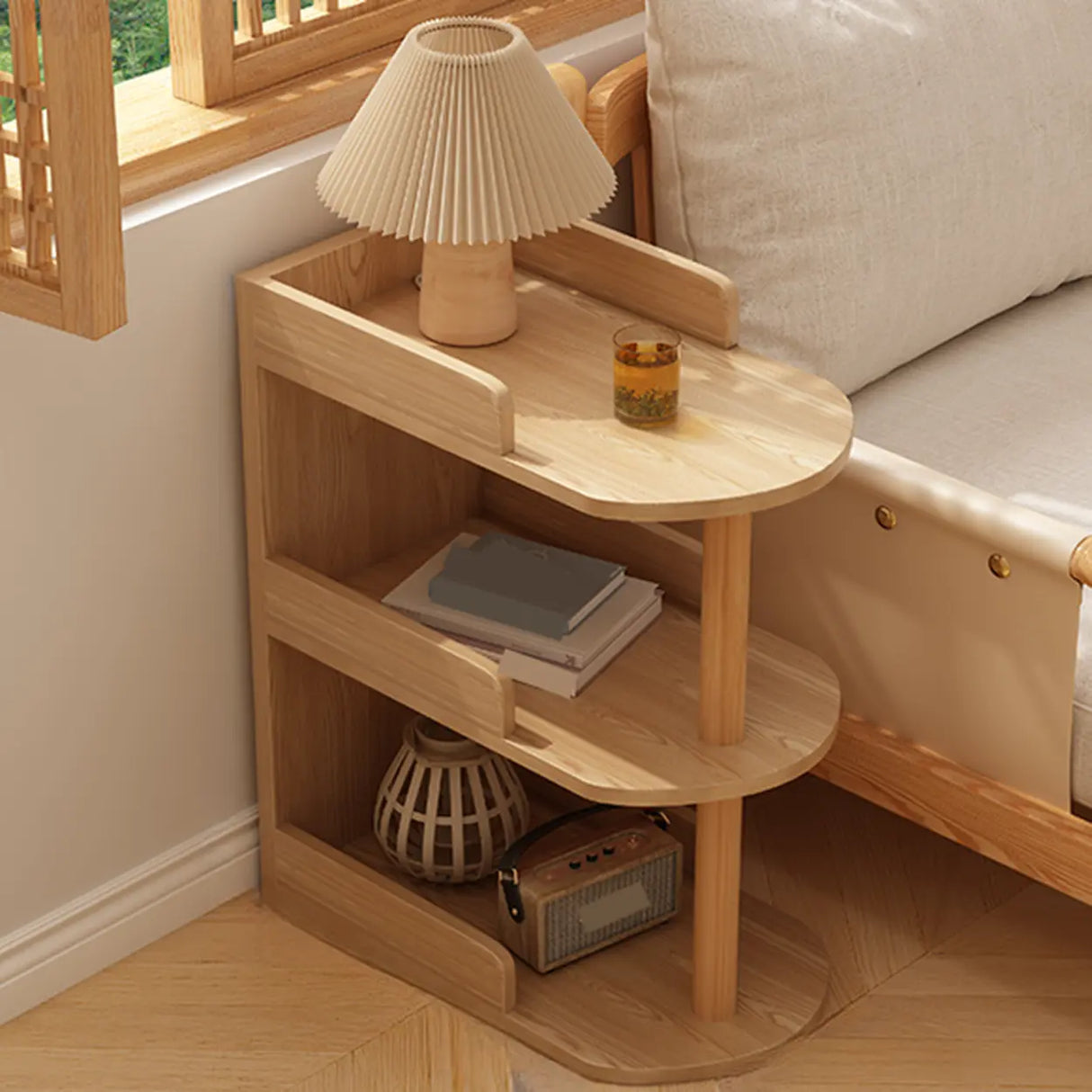Tall Wood Multi-Layer Shelves Open Storage Nightstand Image - 15