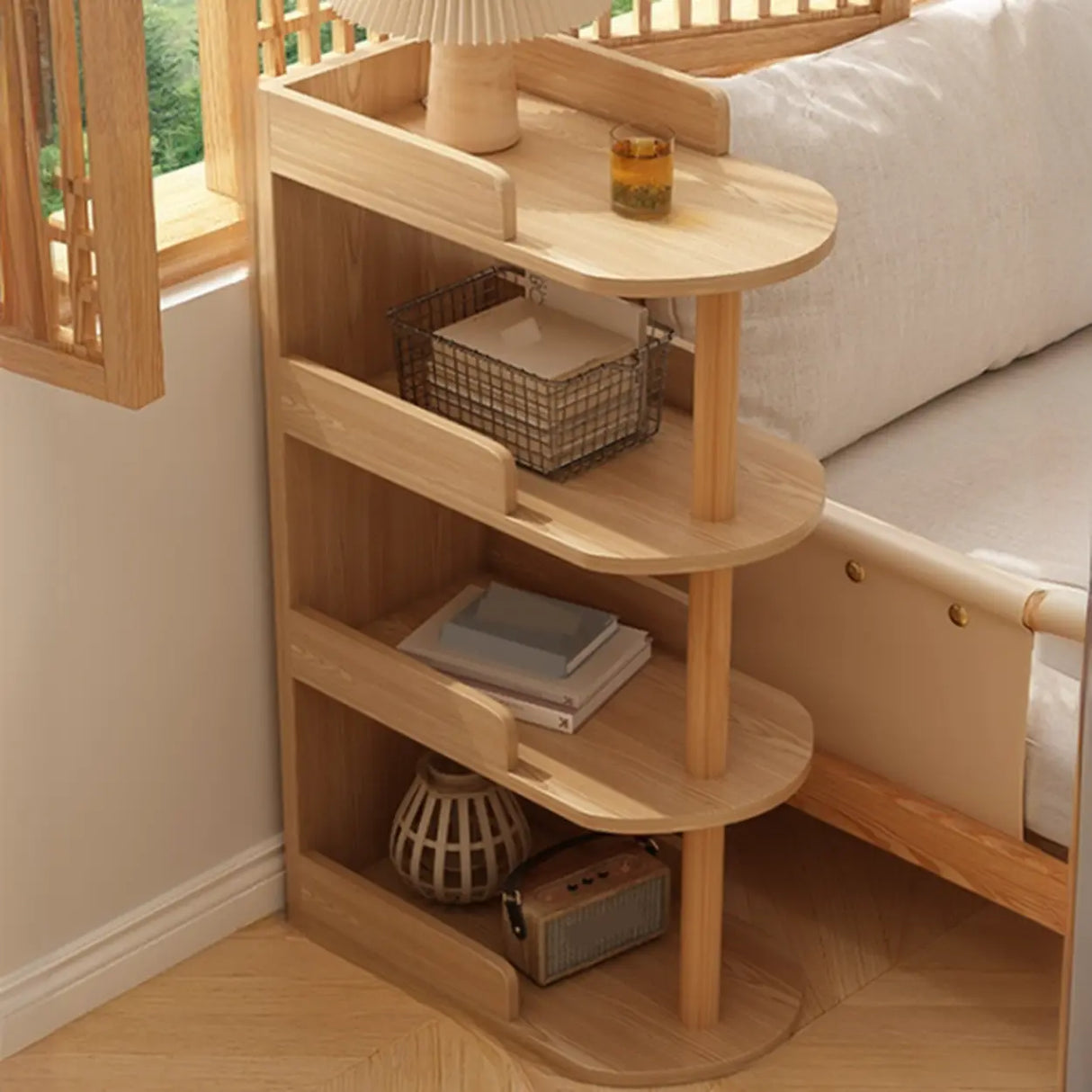 Tall Wood Multi-Layer Shelves Open Storage Nightstand Image - 3