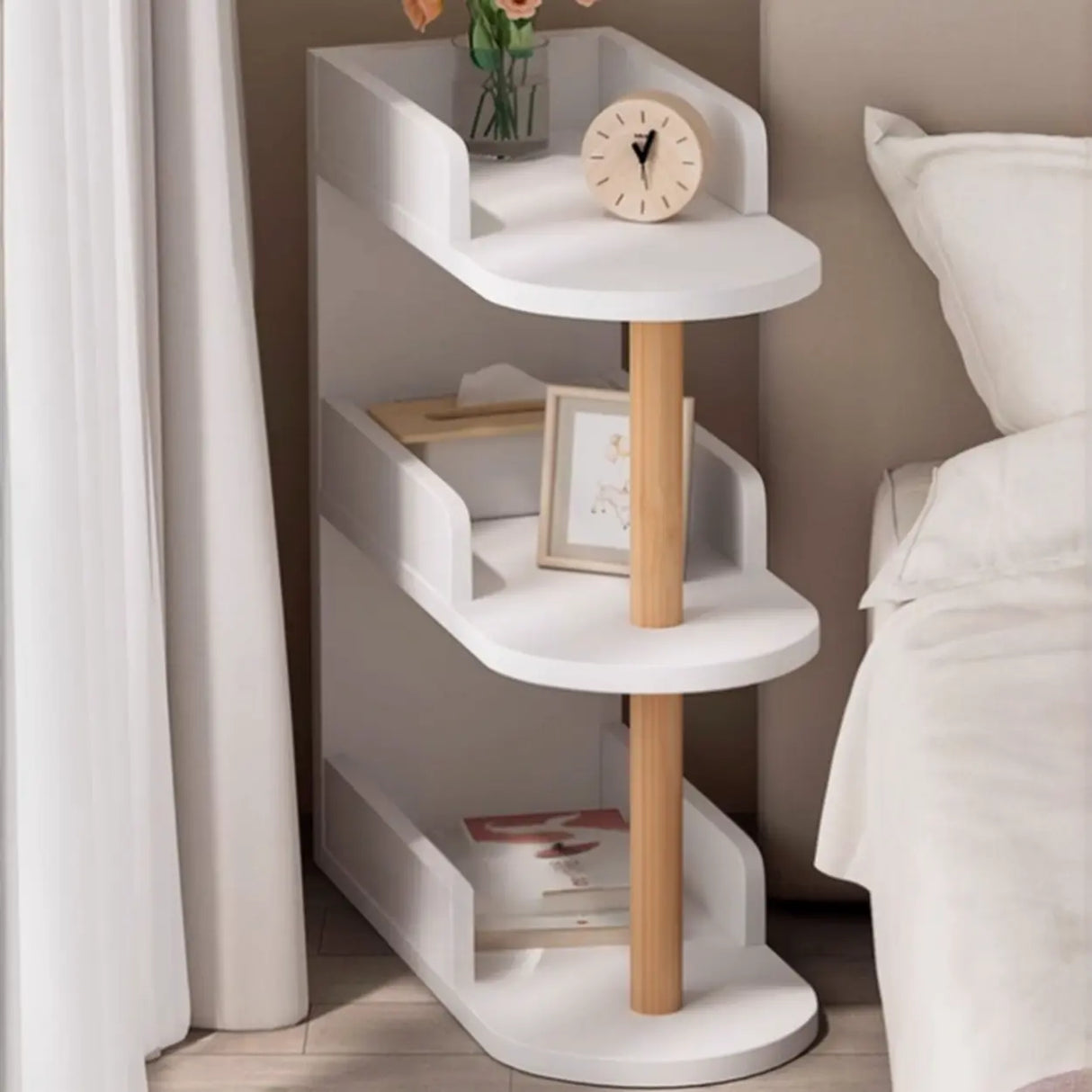 Tall Wood Multi-Layer Shelves Open Storage Nightstand Image - 4