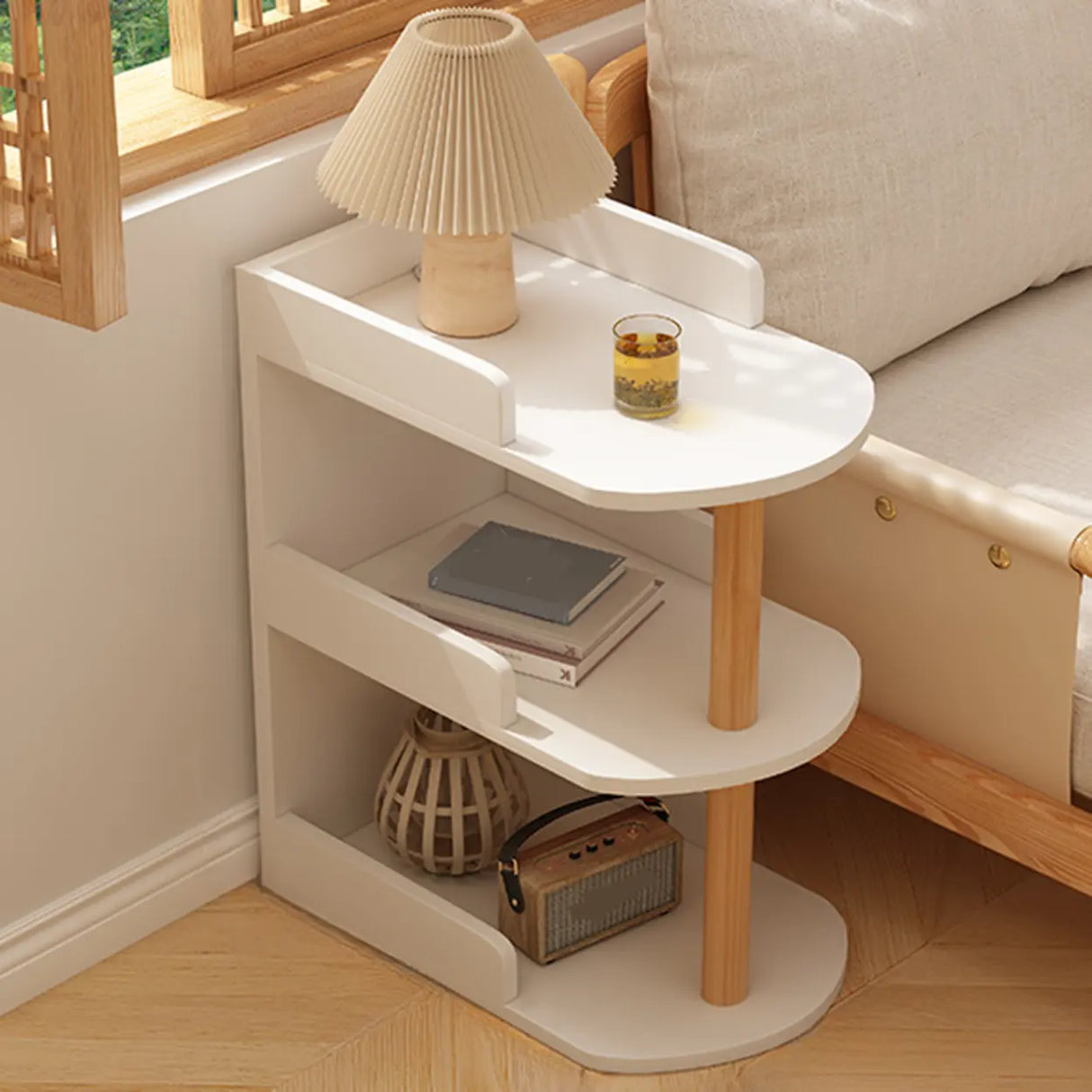Tall Wood Multi-Layer Shelves Open Storage Nightstand Image - 5