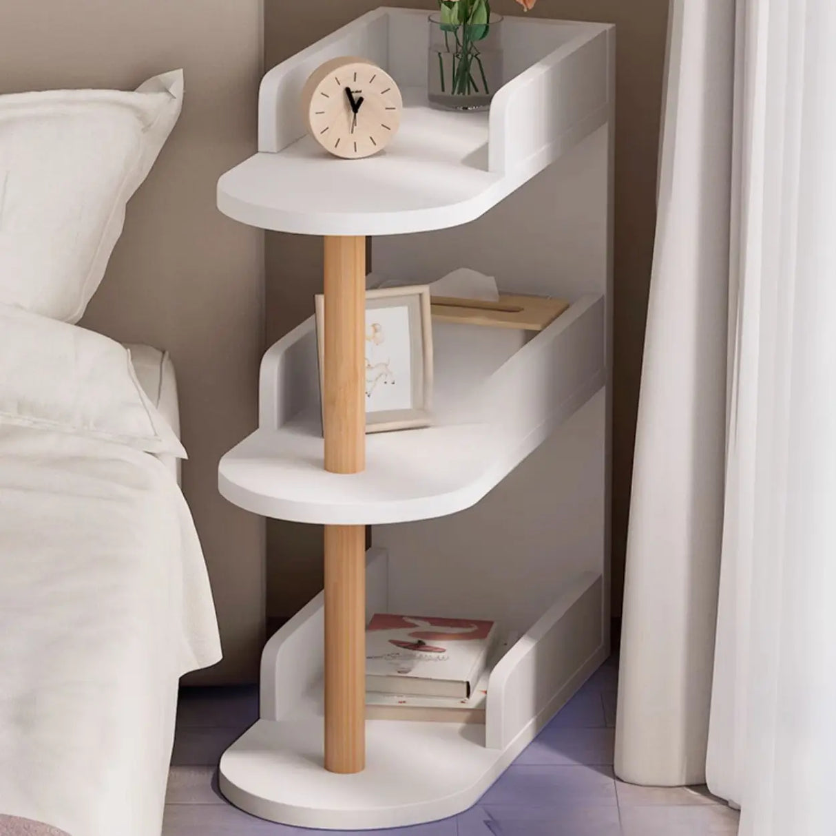 Tall Wood Multi-Layer Shelves Open Storage Nightstand Image - 6