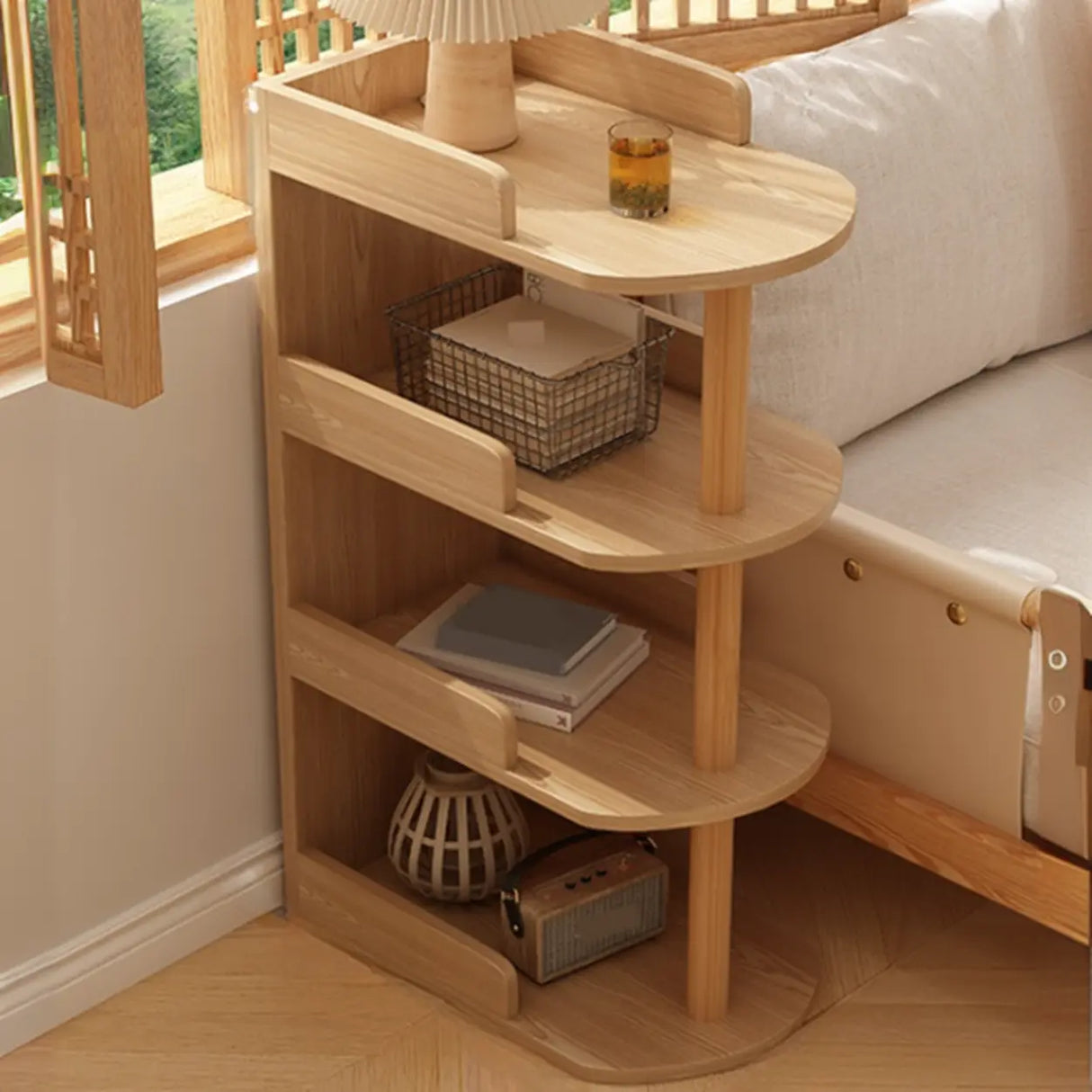 Tall Wood Multi-Layer Shelves Open Storage Nightstand Image - 7