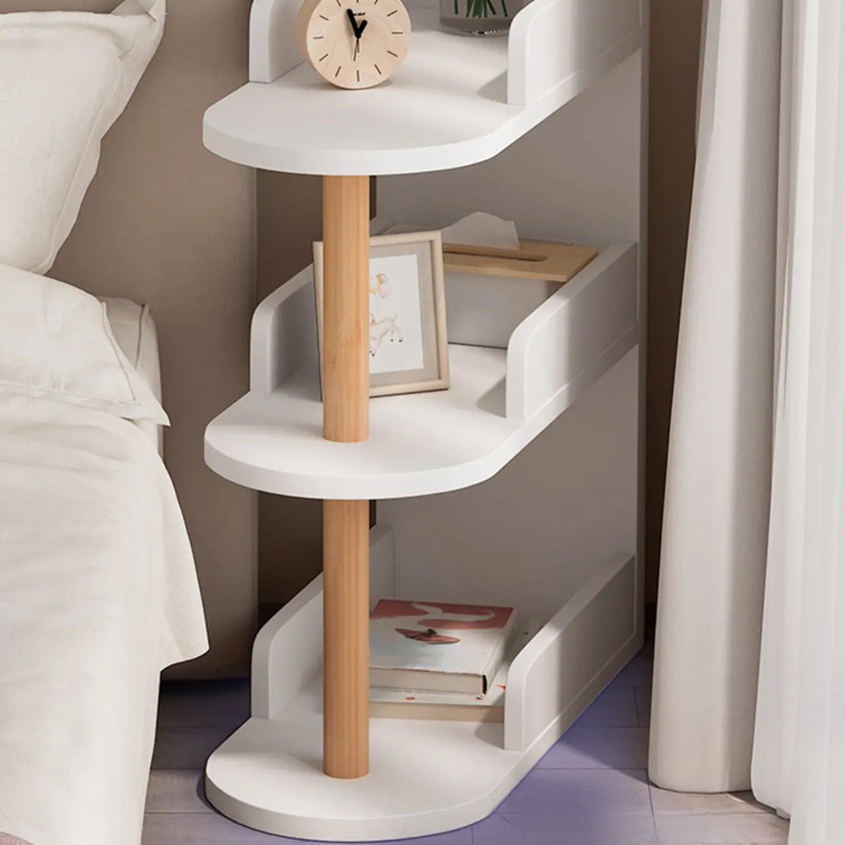 Tall Wood Multi-Layer Shelves Open Storage Nightstand Image - 8