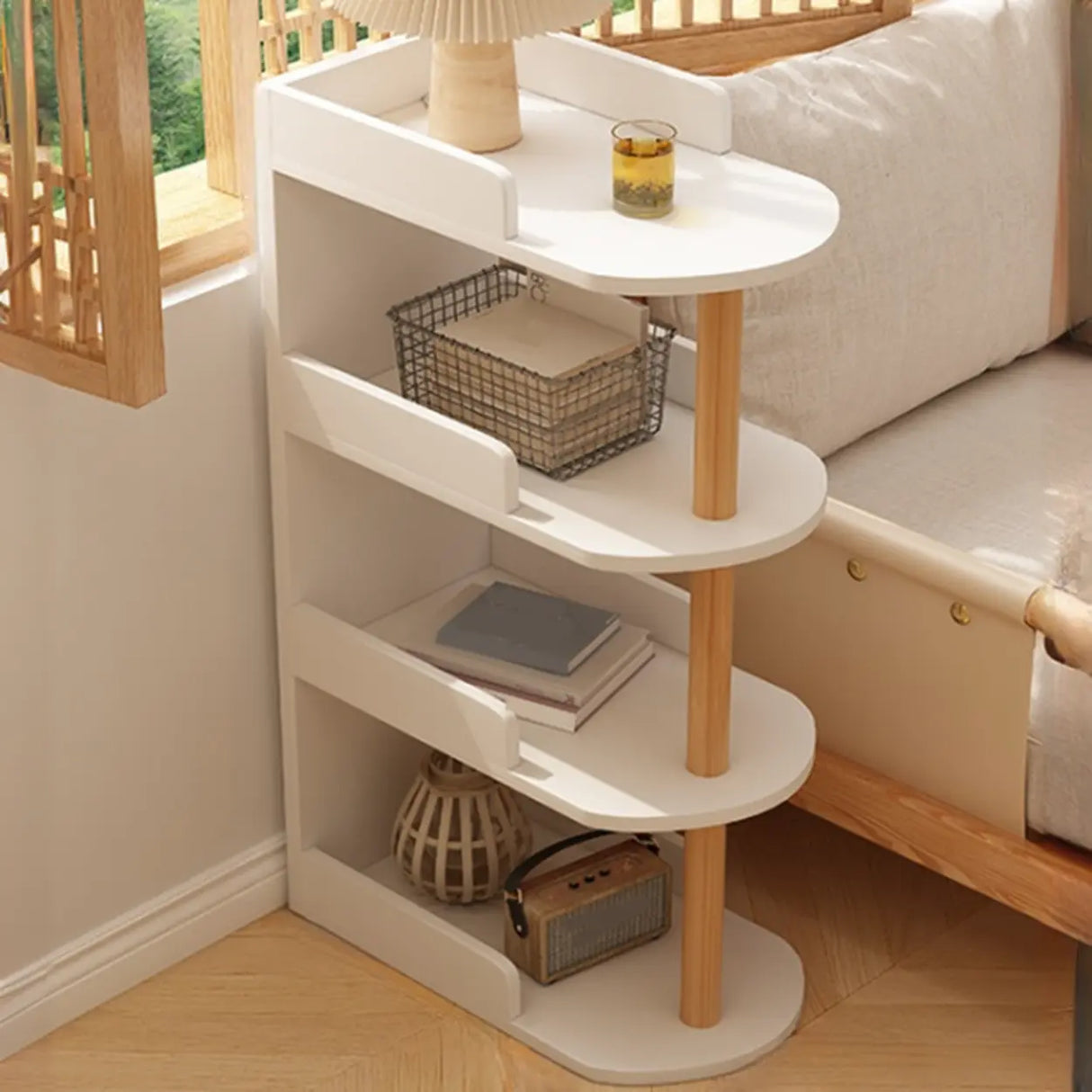 Tall Wood Multi-Layer Shelves Open Storage Nightstand Image - 9