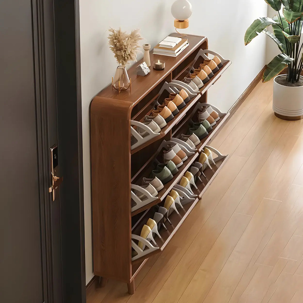Tall Wooden Adjustable Brown Drop Front Shoe Organizer Image - 1