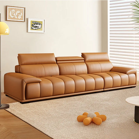Tan Leather Wood Frame Three-Seater Reception Sofa Image - 1