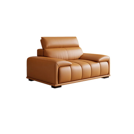 Tan Leather Wood Frame Three-Seater Reception Sofa Image - 2