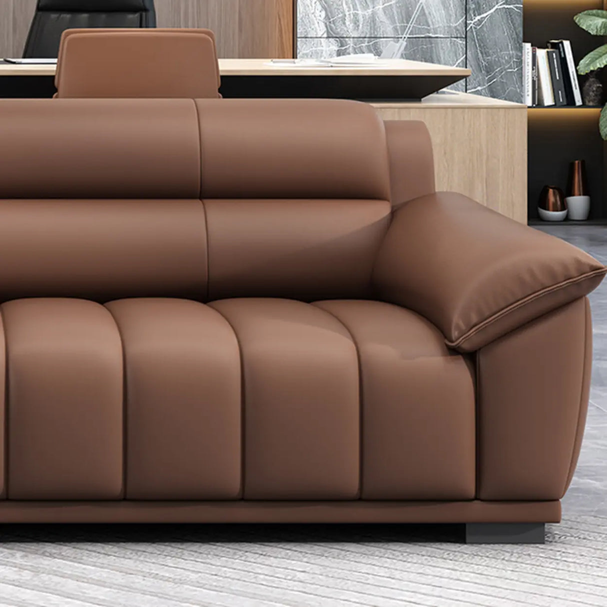 Tan Waterproof Faux Leather Upholstered Back Sofa Image - 14
