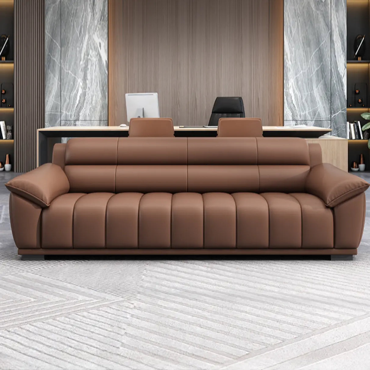 Tan Waterproof Faux Leather Upholstered Back Sofa Image - 3