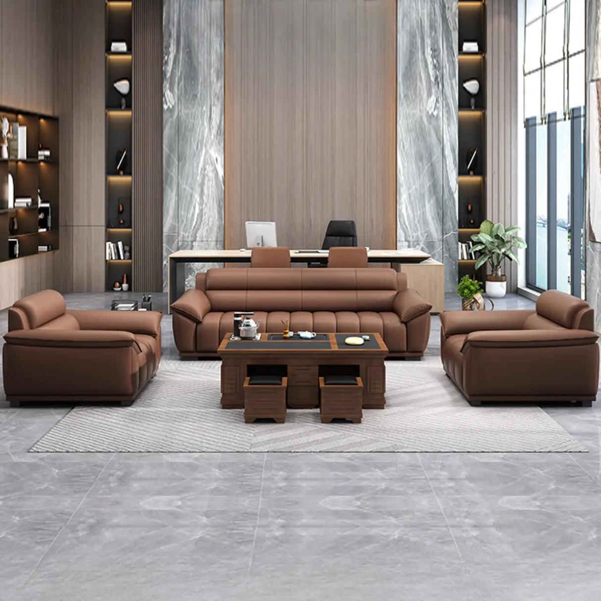 Tan Waterproof Faux Leather Upholstered Back Sofa Image - 6