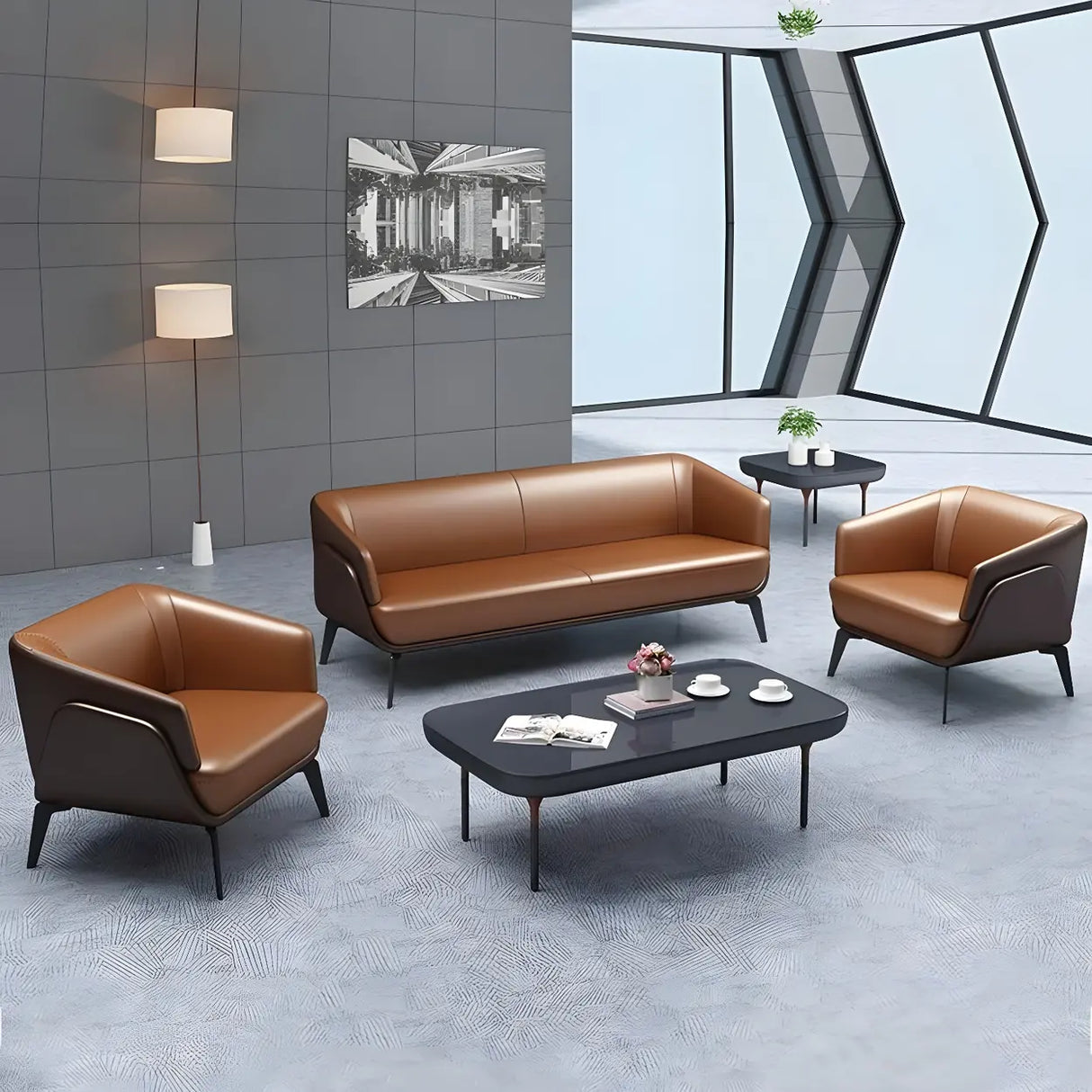Tan Waterproof Leather Upholstered Back Sofa Set Image - 1