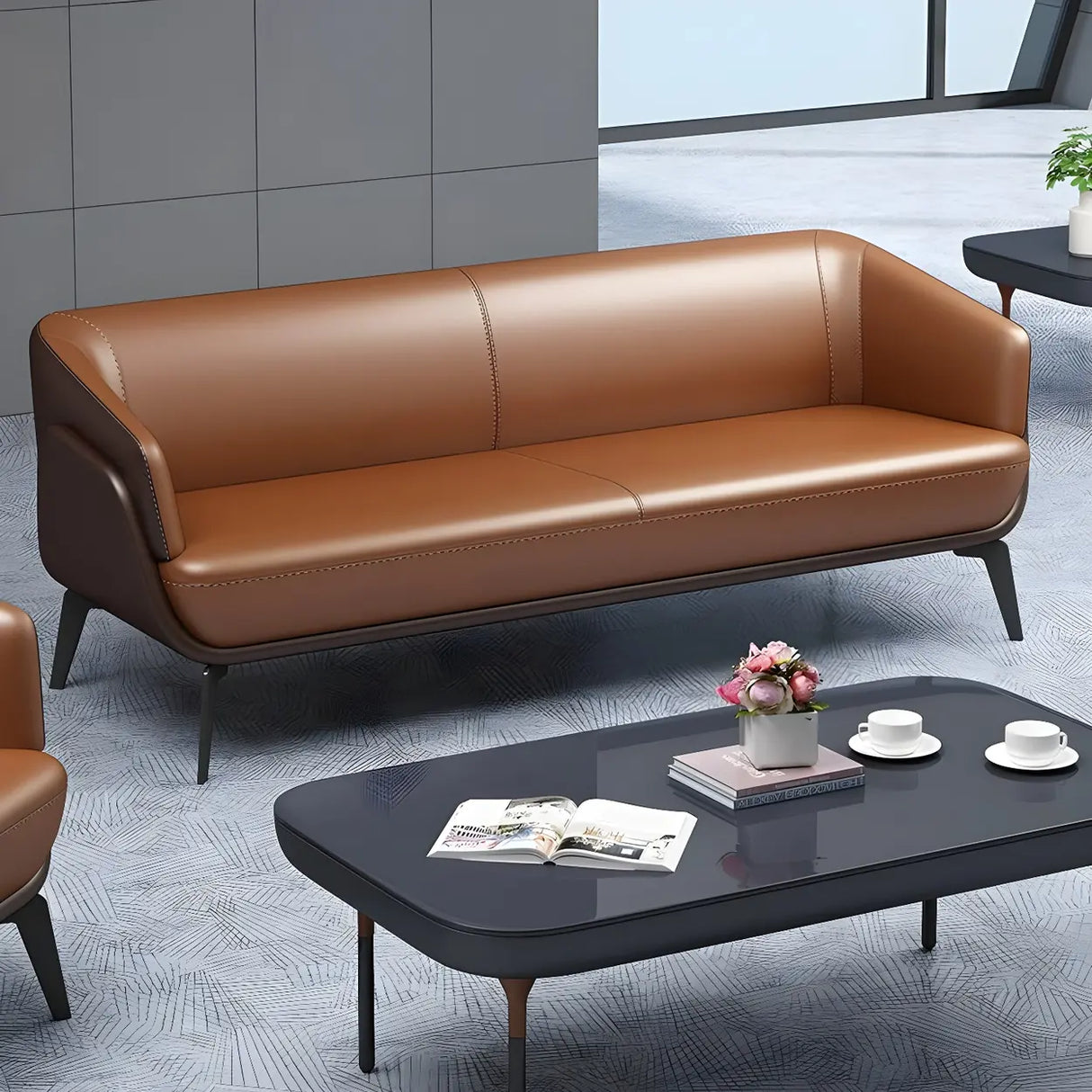 Tan Waterproof Leather Upholstered Back Sofa Set Image - 4