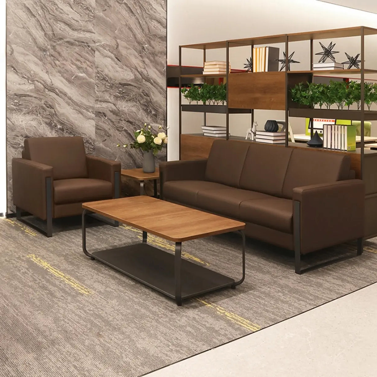 Tan Waterproof Leather Wood Frame 3-Seater Sofa Set Image - 4