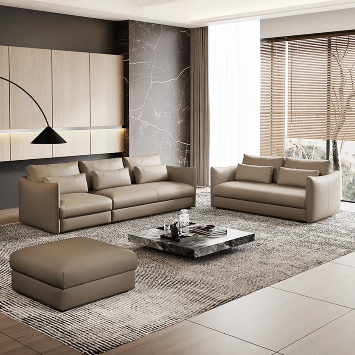 Tear Resistant Cow Leather Pillow Sofa with Ottoman Image - 1