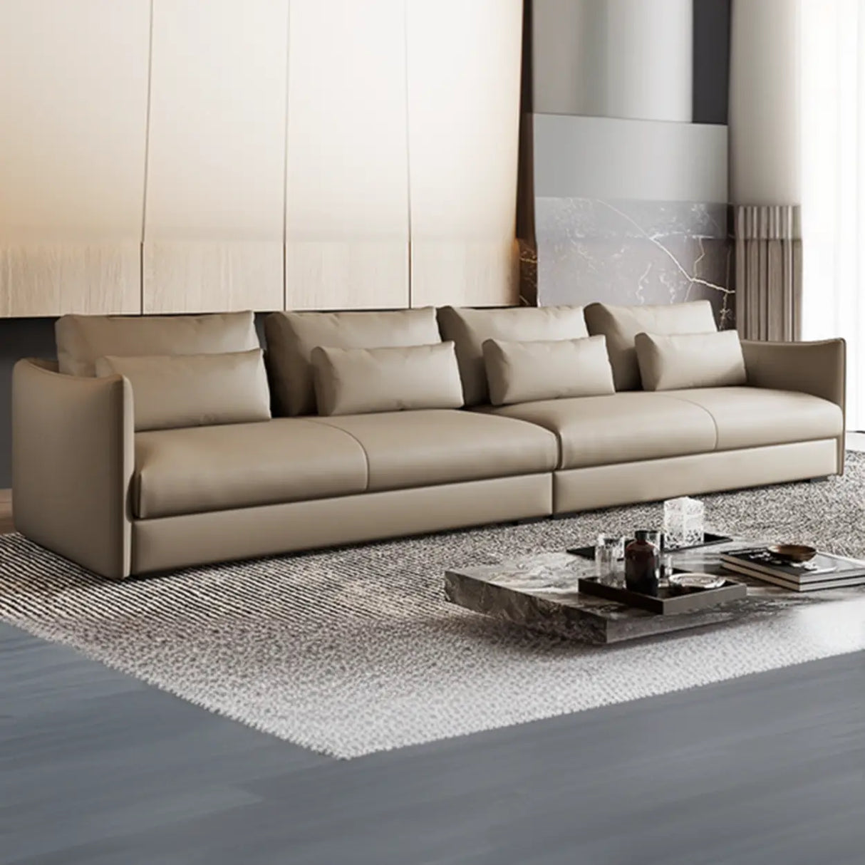 Tear Resistant Cow Leather Pillow Sofa with Ottoman Image - 11