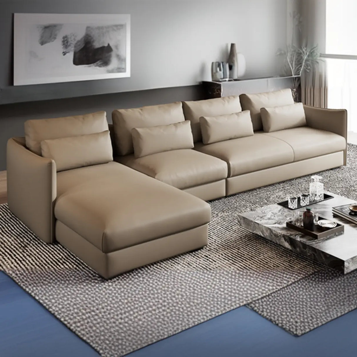 Tear Resistant Cow Leather Pillow Sofa with Ottoman Image - 15