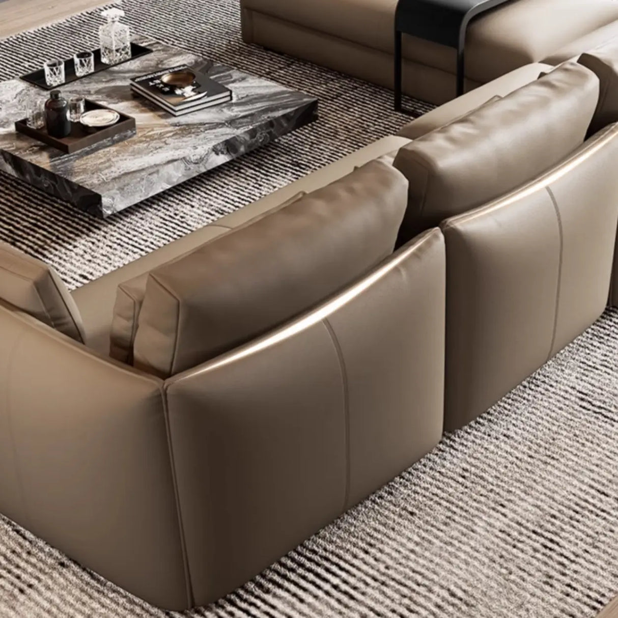 Tear Resistant Cow Leather Pillow Sofa with Ottoman Image - 19