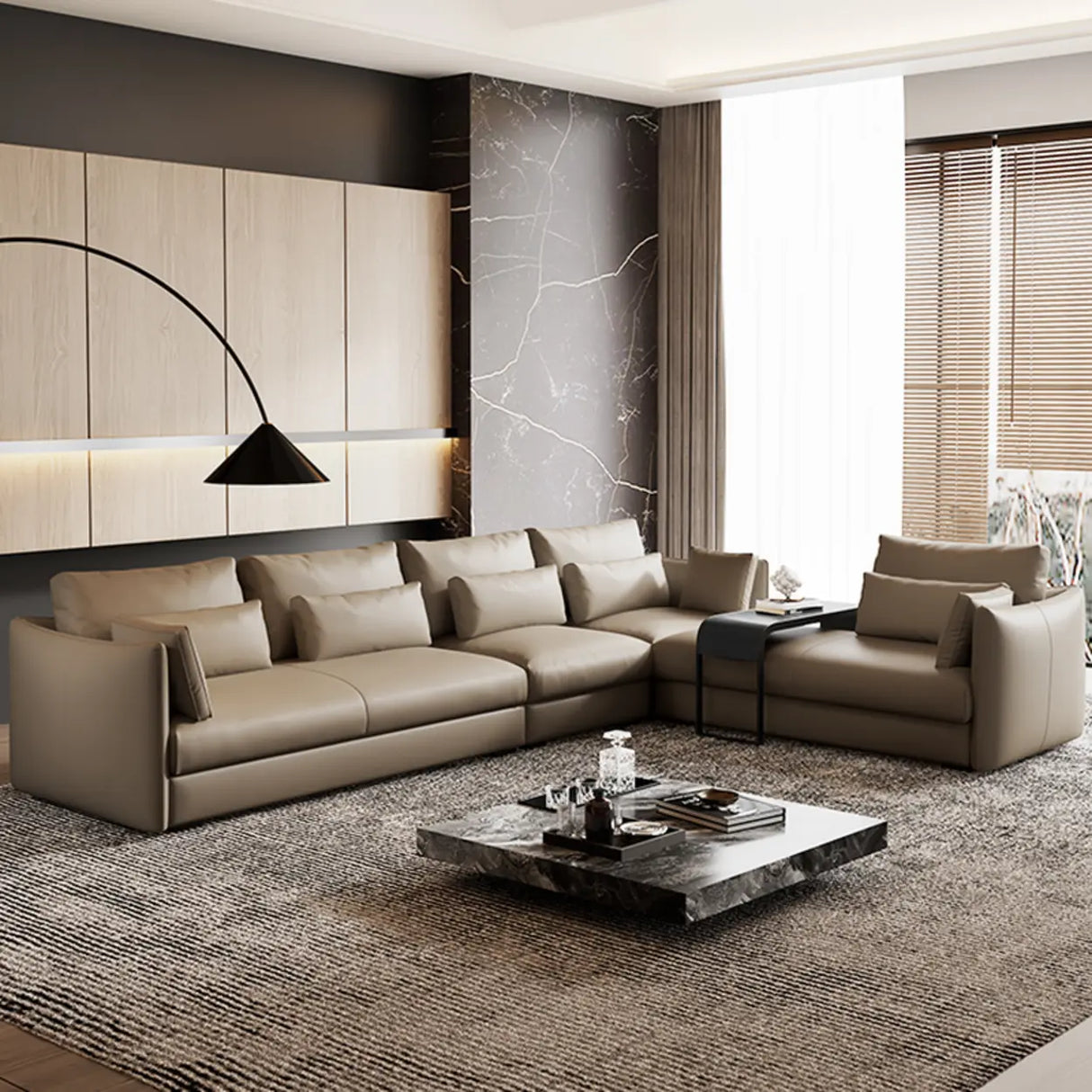 Tear Resistant Cow Leather Pillow Sofa with Ottoman Image - 3