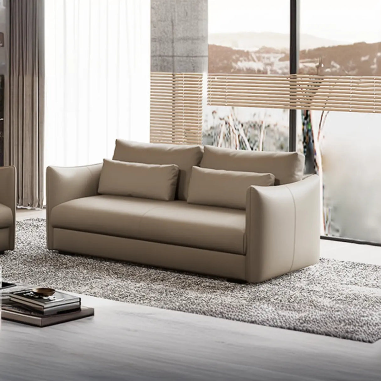 Tear Resistant Cow Leather Pillow Sofa with Ottoman Image - 5