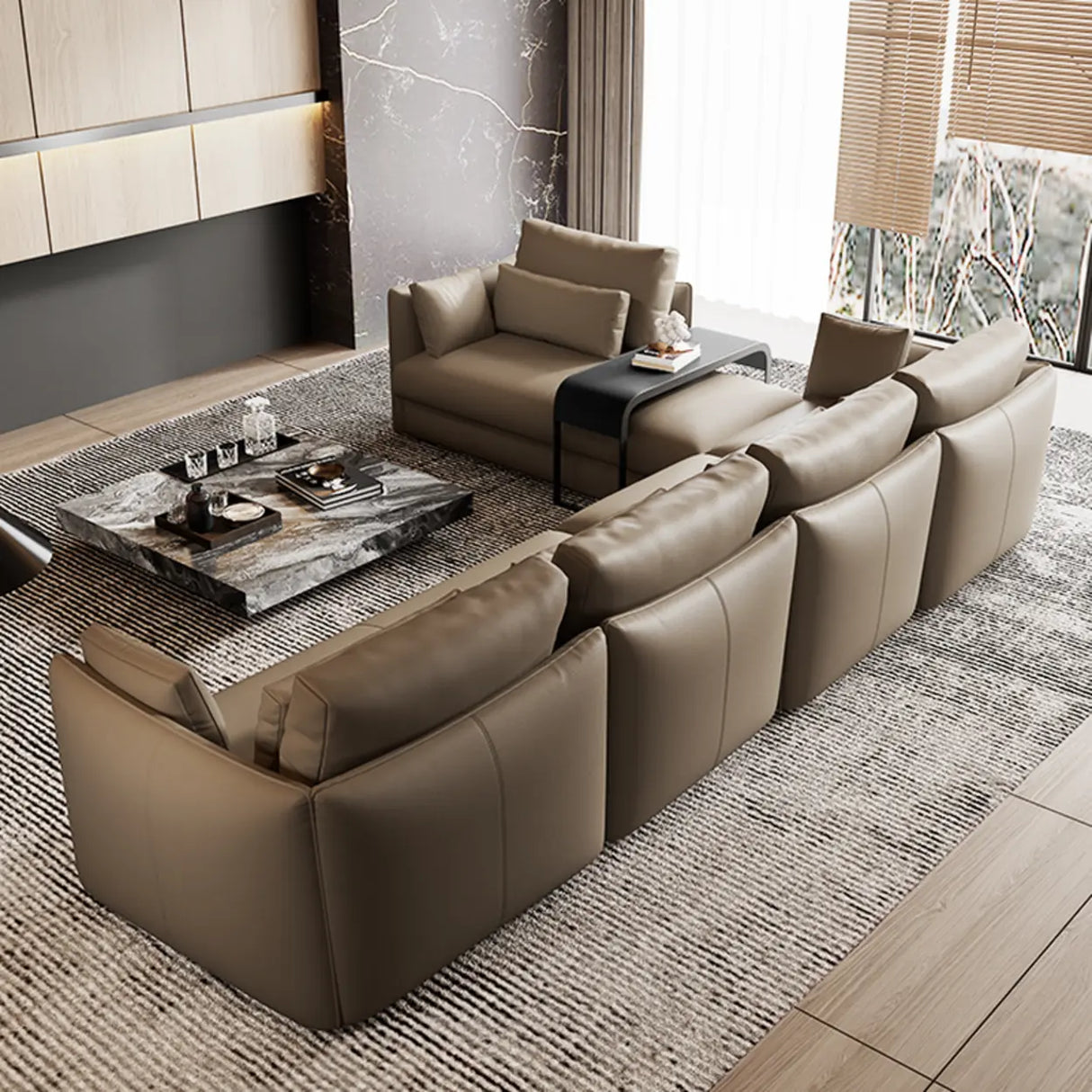 Tear Resistant Cow Leather Pillow Sofa with Ottoman Image - 6