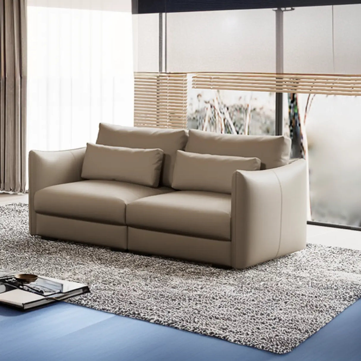 Tear Resistant Cow Leather Pillow Sofa with Ottoman Image - 7