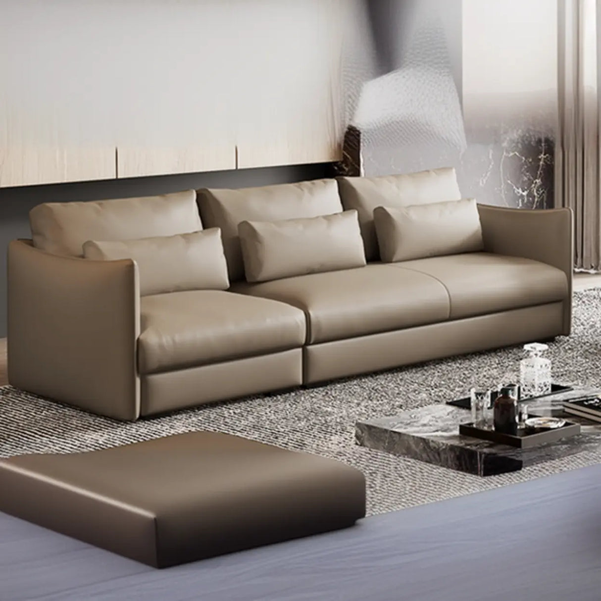 Tear Resistant Cow Leather Pillow Sofa with Ottoman Image - 9